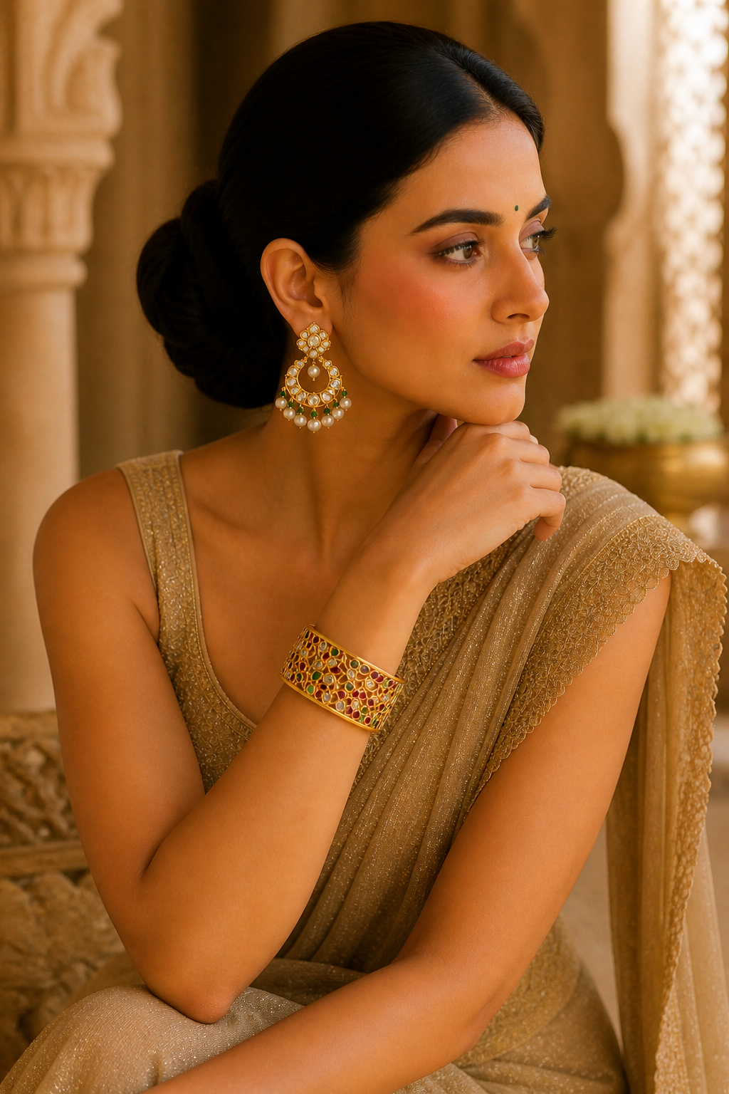 Gulbahar Jali Kada – Royal Gold Filigree Bangle Set with Ruby, Emerald & Polki Stones
