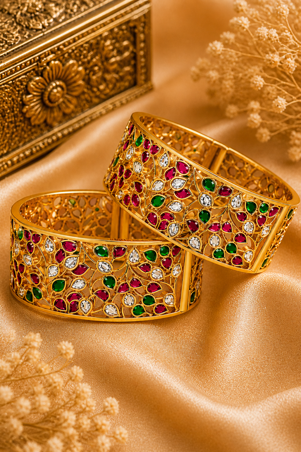 Gulbahar Jali Kada – Royal Gold Filigree Bangle Set with Ruby, Emerald & Polki Stones