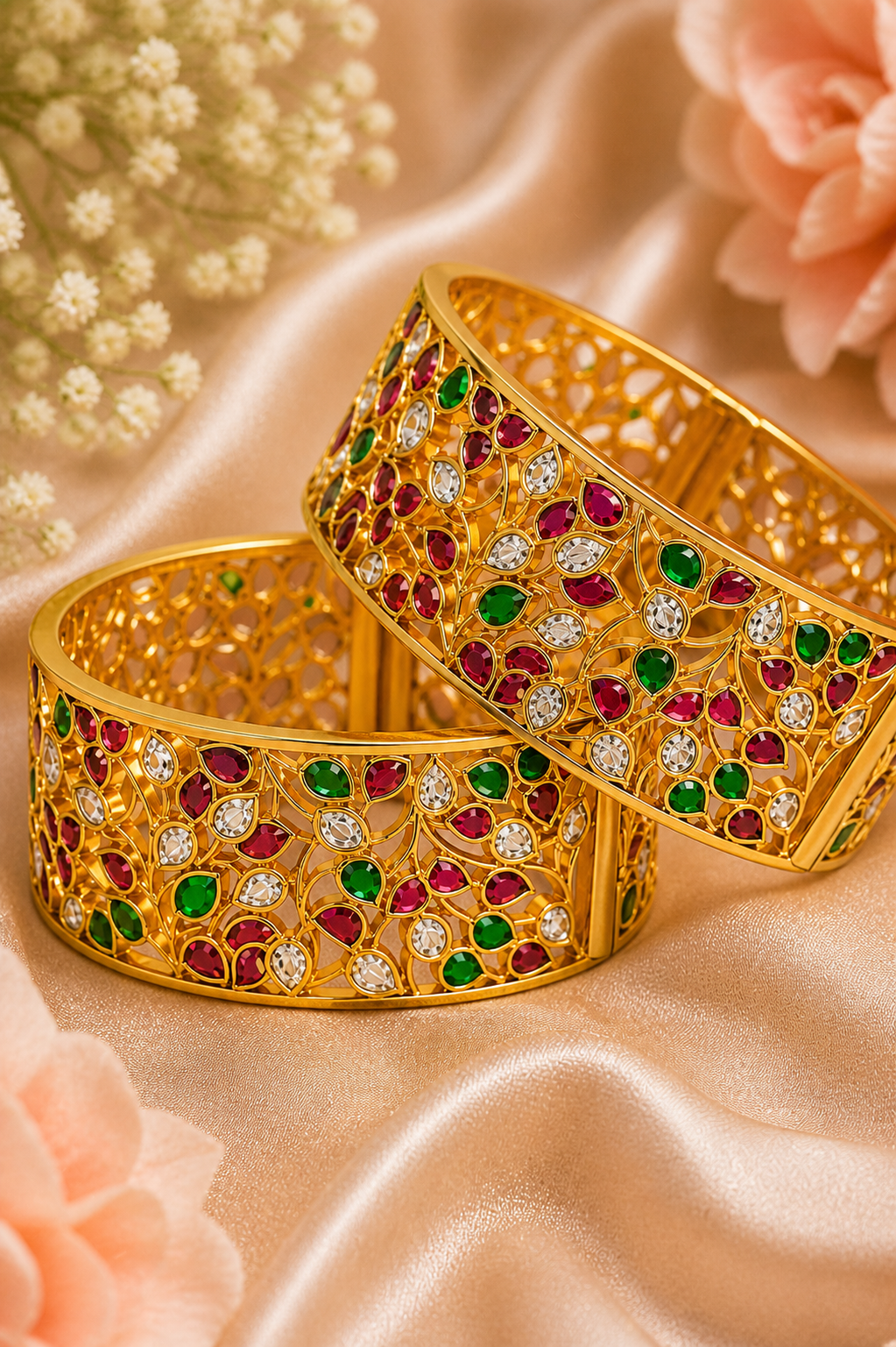 Gulbahar Jali Kada – Royal Gold Filigree Bangle Set with Ruby, Emerald & Polki Stones