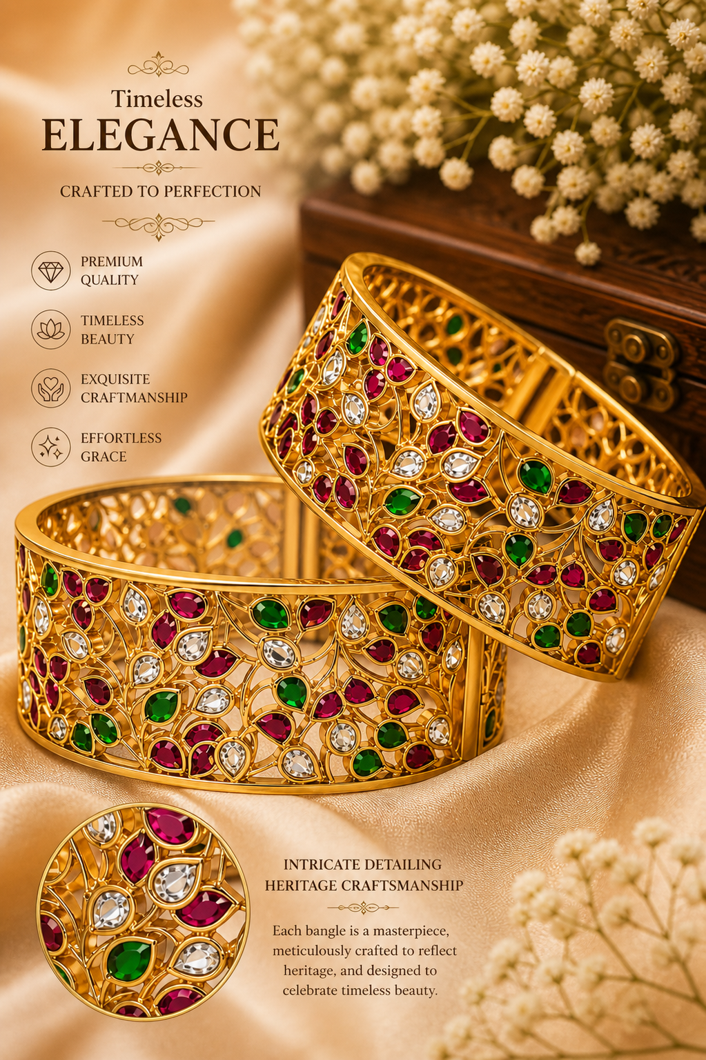 Gulbahar Jali Kada – Royal Gold Filigree Bangle Set with Ruby, Emerald & Polki Stones