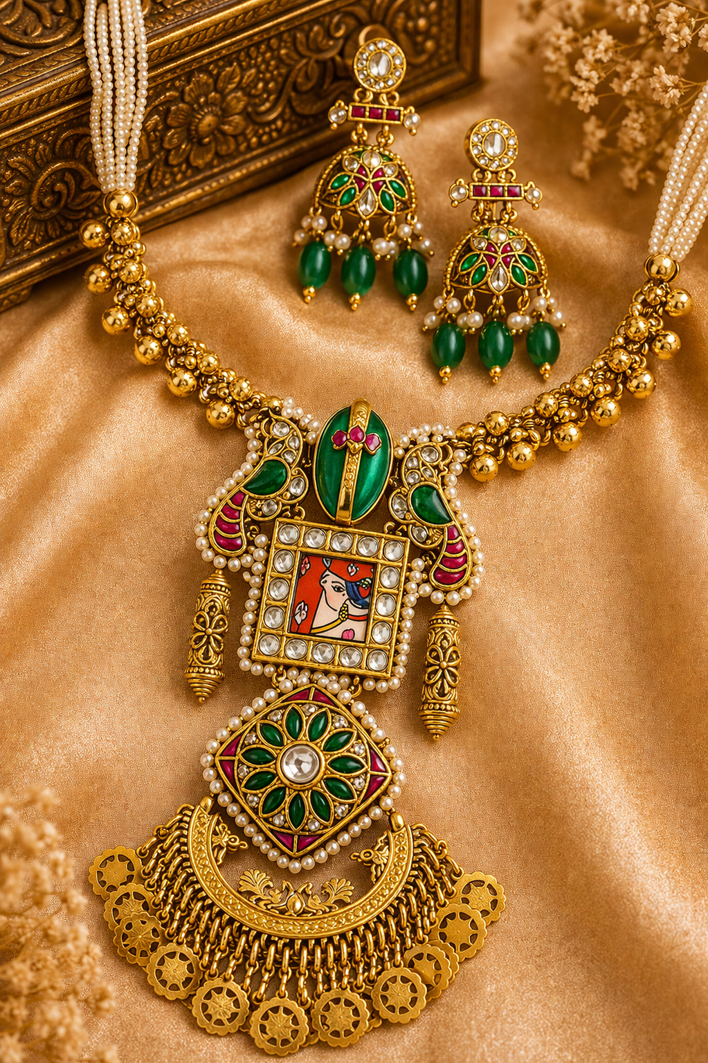 Rang Mahal Meenakari Set – Royal Pichwai Pendant Necklace & Jhumka Earring Set