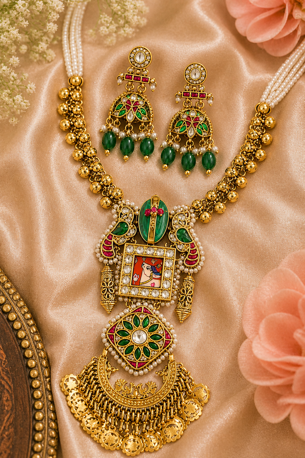 Rang Mahal Meenakari Set – Royal Pichwai Pendant Necklace & Jhumka Earring Set