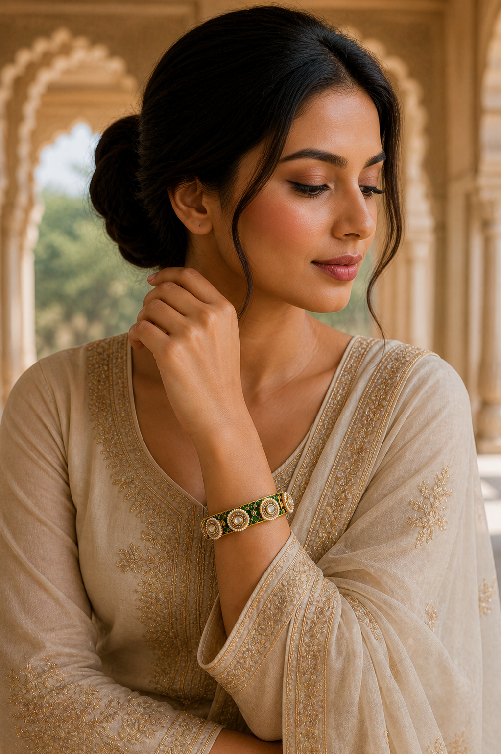 Emerald Chakra Kada – Hinged Silver Bangle with Green Enamel, Kundan & Pearl Work