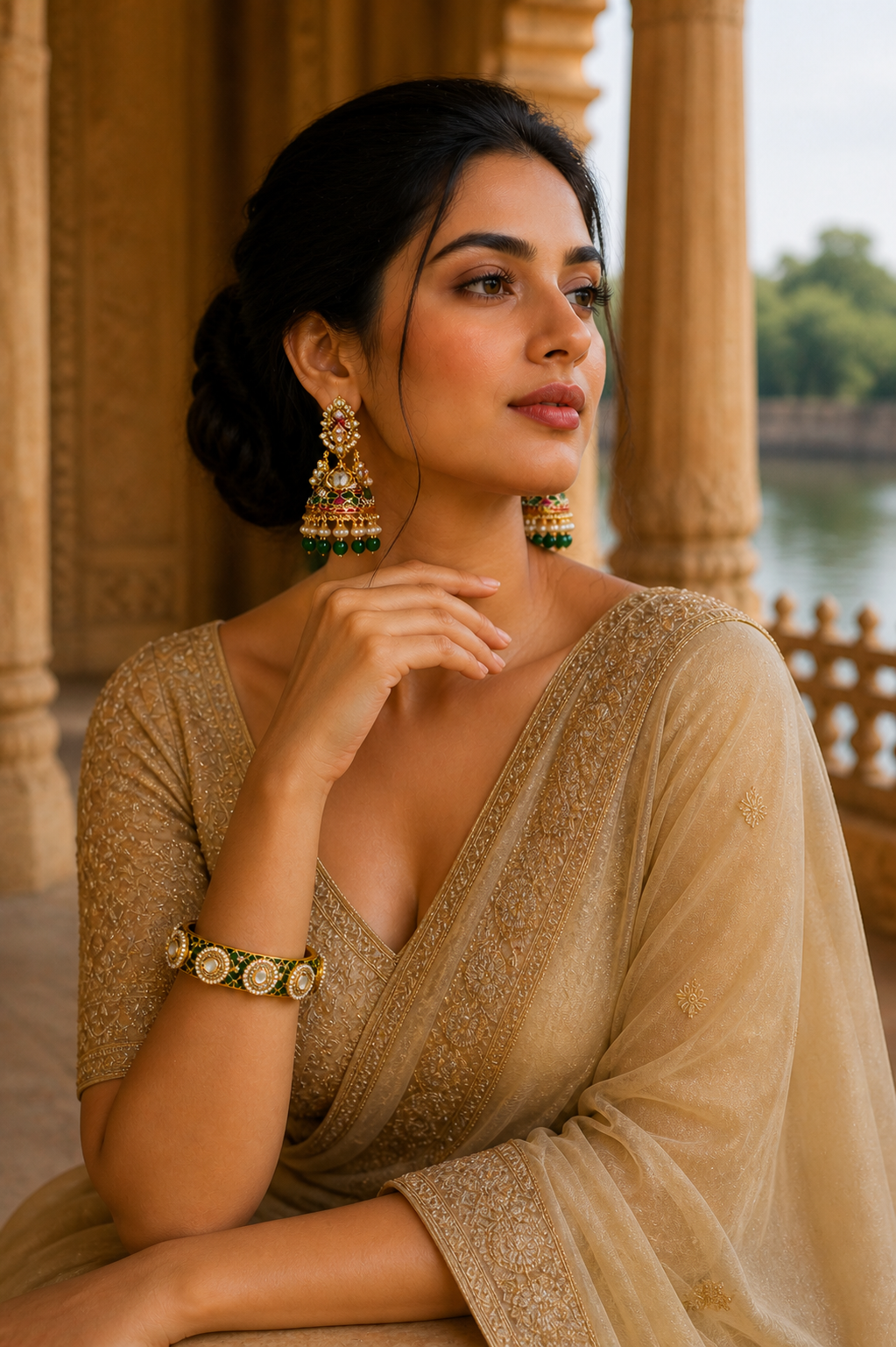 Emerald Chakra Kada – Hinged Silver Bangle with Green Enamel, Kundan & Pearl Work