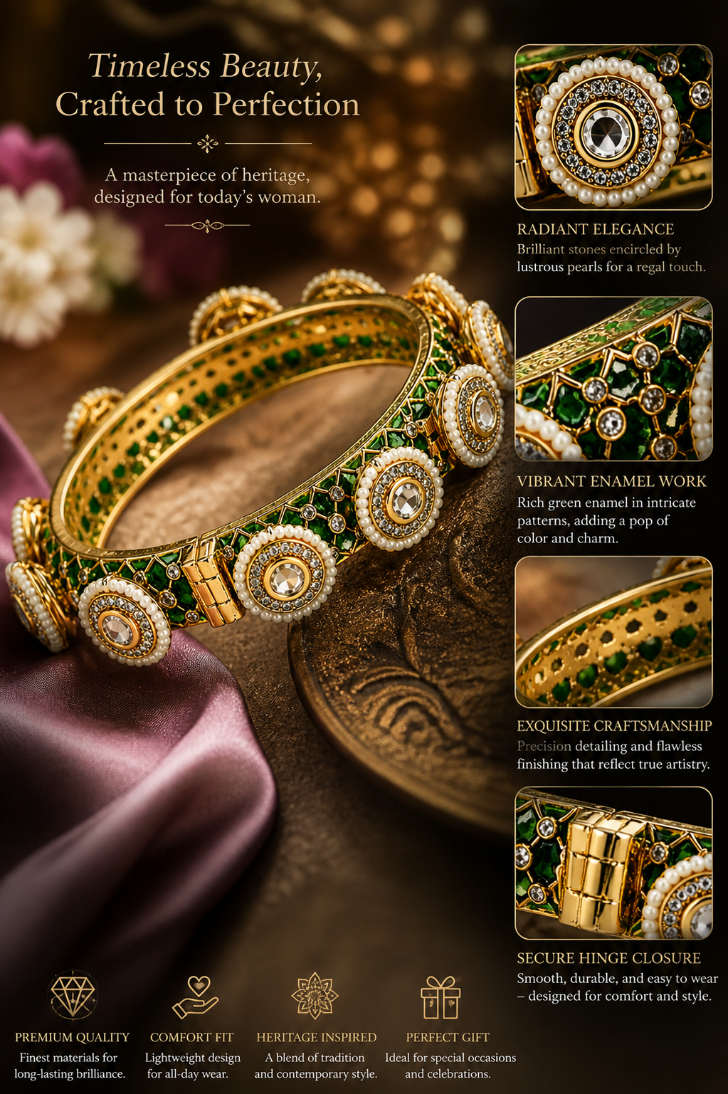 Emerald Chakra Kada – Hinged Silver Bangle with Green Enamel, Kundan & Pearl Work