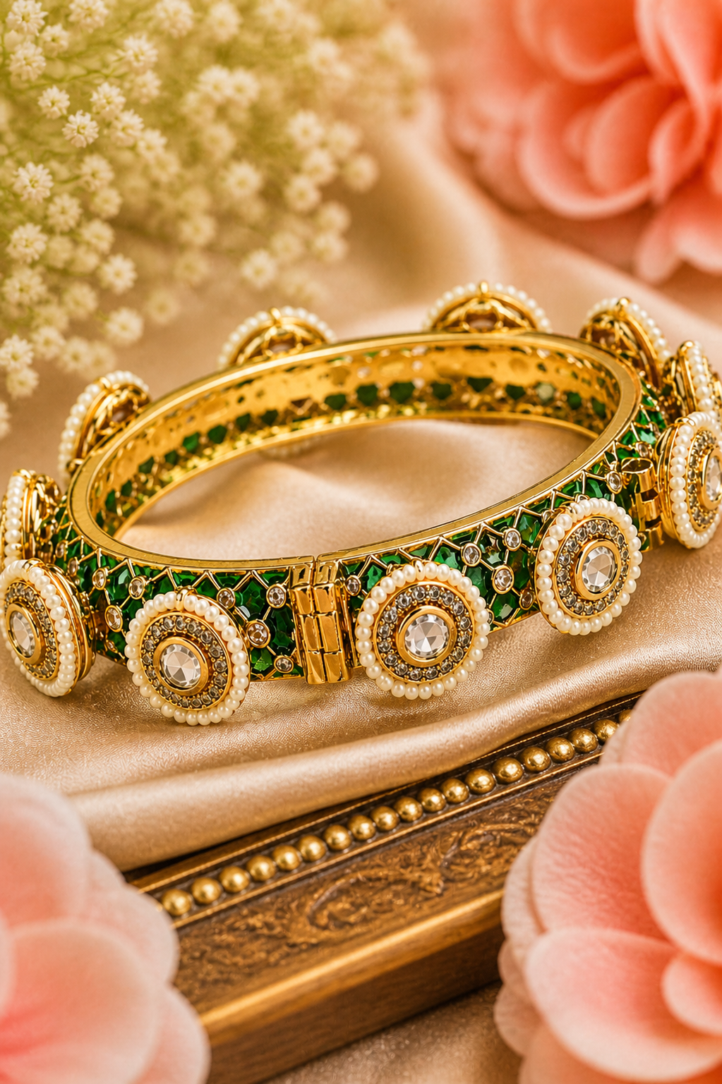 Emerald Chakra Kada – Hinged Silver Bangle with Green Enamel, Kundan & Pearl Work