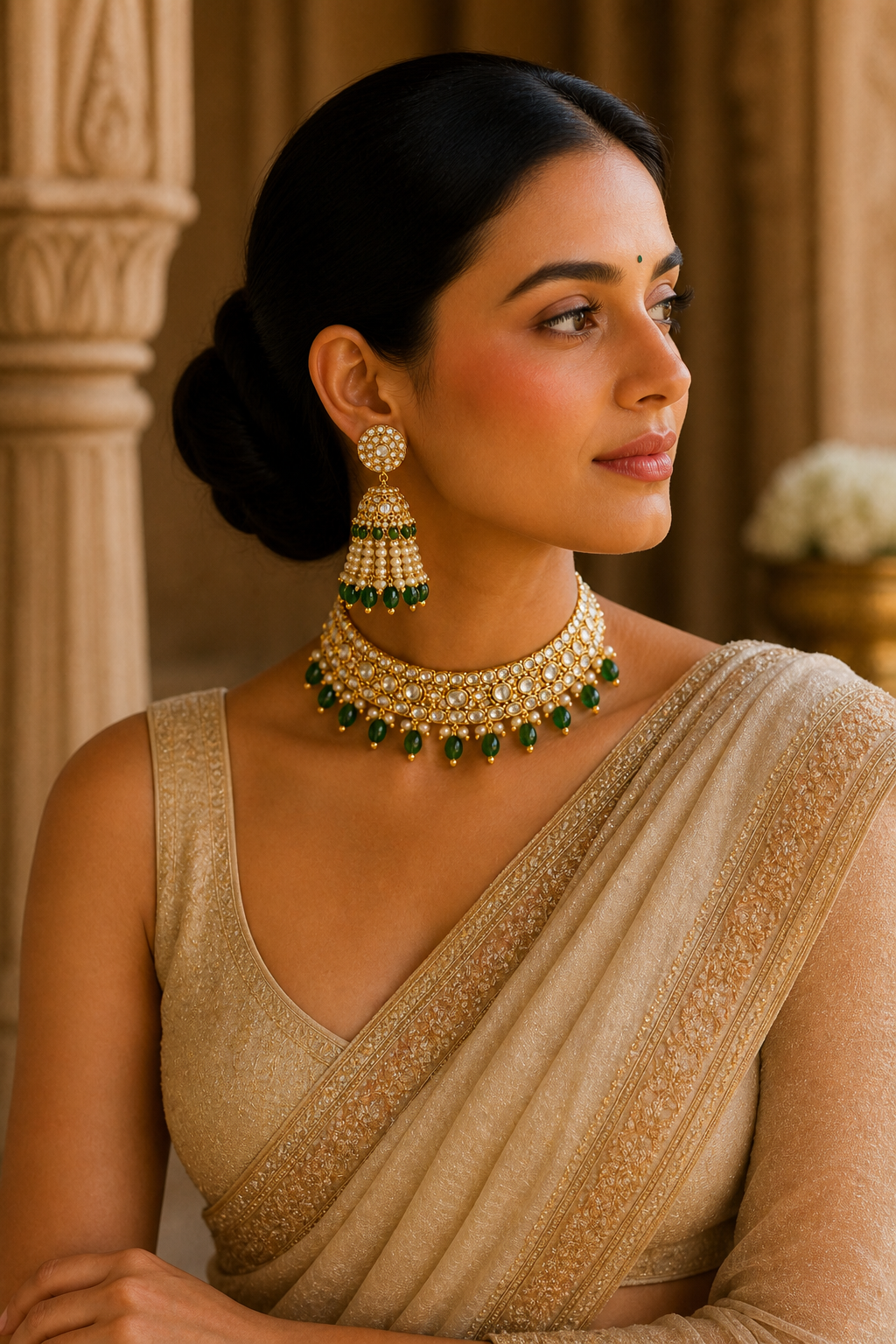 Traditional Kundan Necklace Set with Pearl & Green Bead Jhumka Earrings