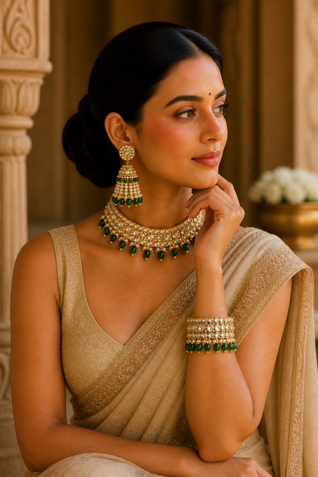 Traditional Kundan Necklace Set with Pearl & Green Bead Jhumka Earrings