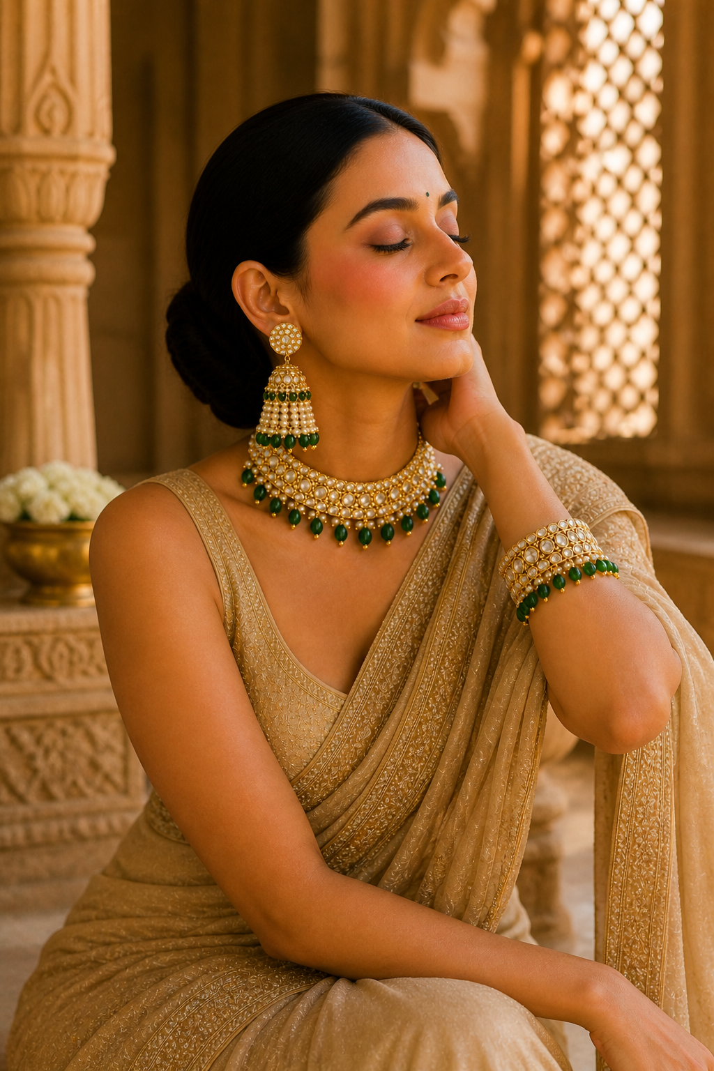 Traditional Kundan Necklace Set with Pearl & Green Bead Jhumka Earrings
