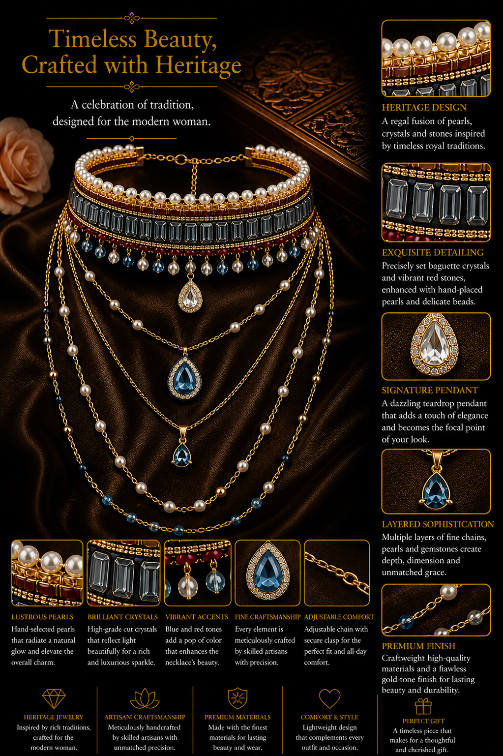 Layered Choker Necklace Set with Blue Teardrop Pendants
