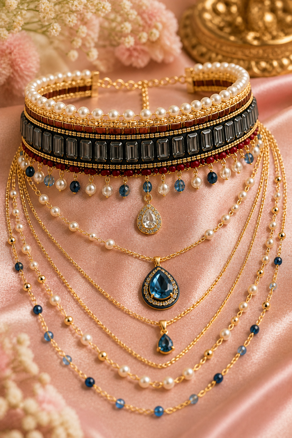 Layered Choker Necklace Set with Blue Teardrop Pendants