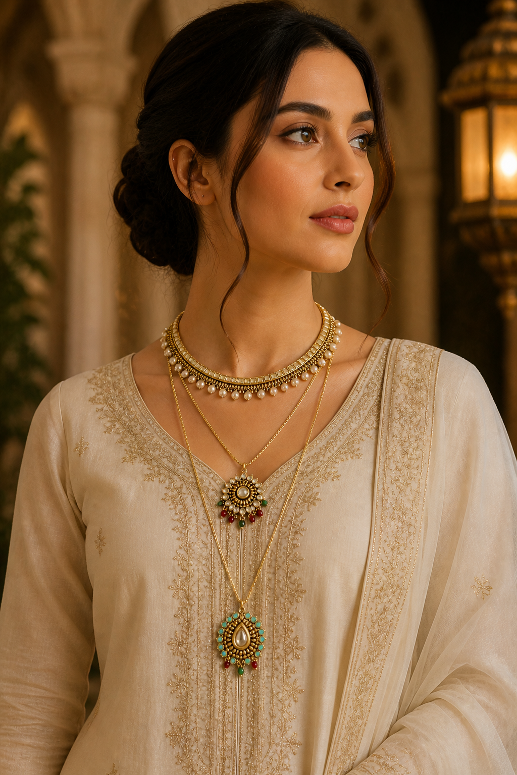 Layered Kundan Pendant Necklace Set with Bead Accents