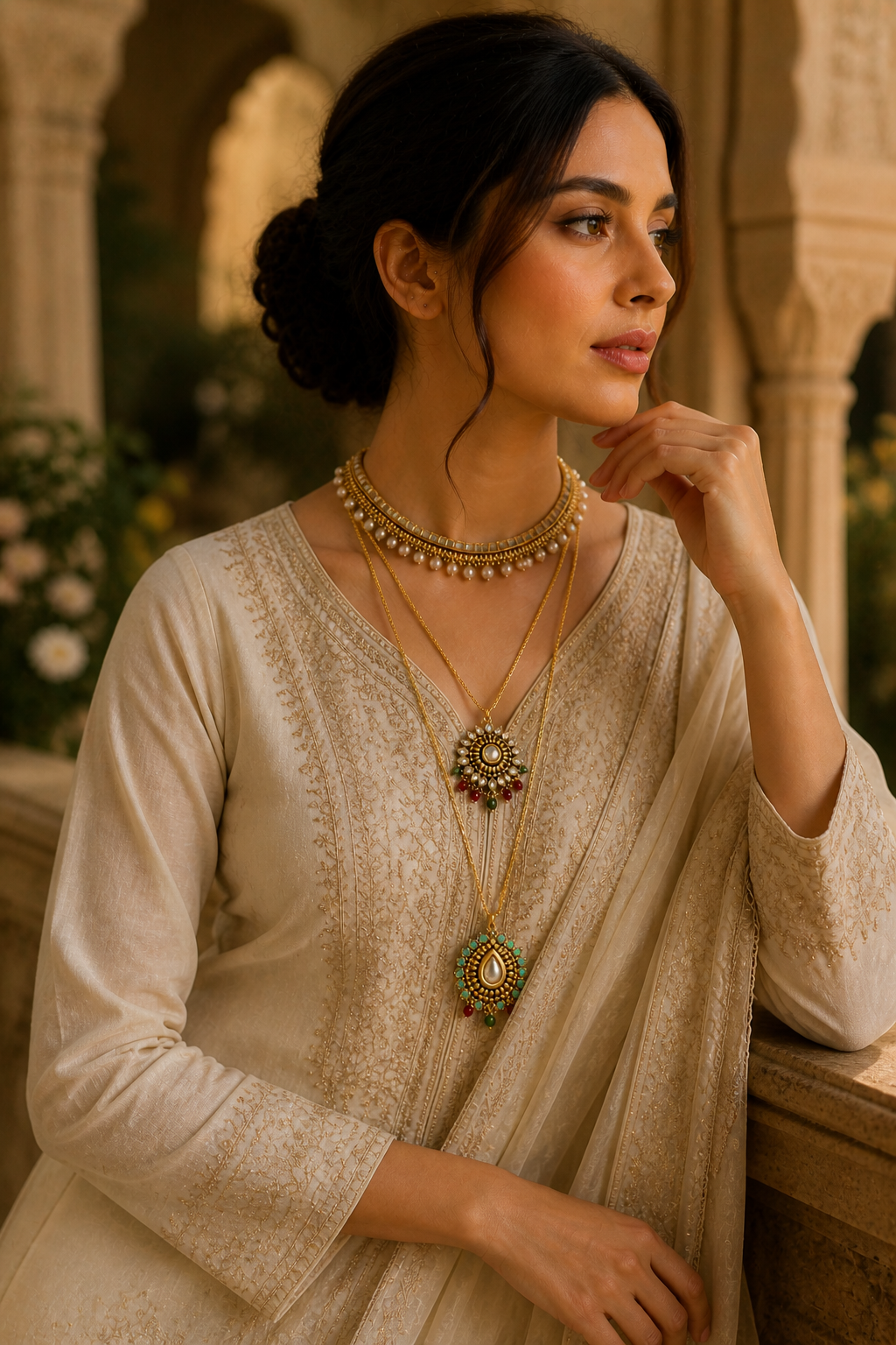Layered Kundan Pendant Necklace Set with Bead Accents