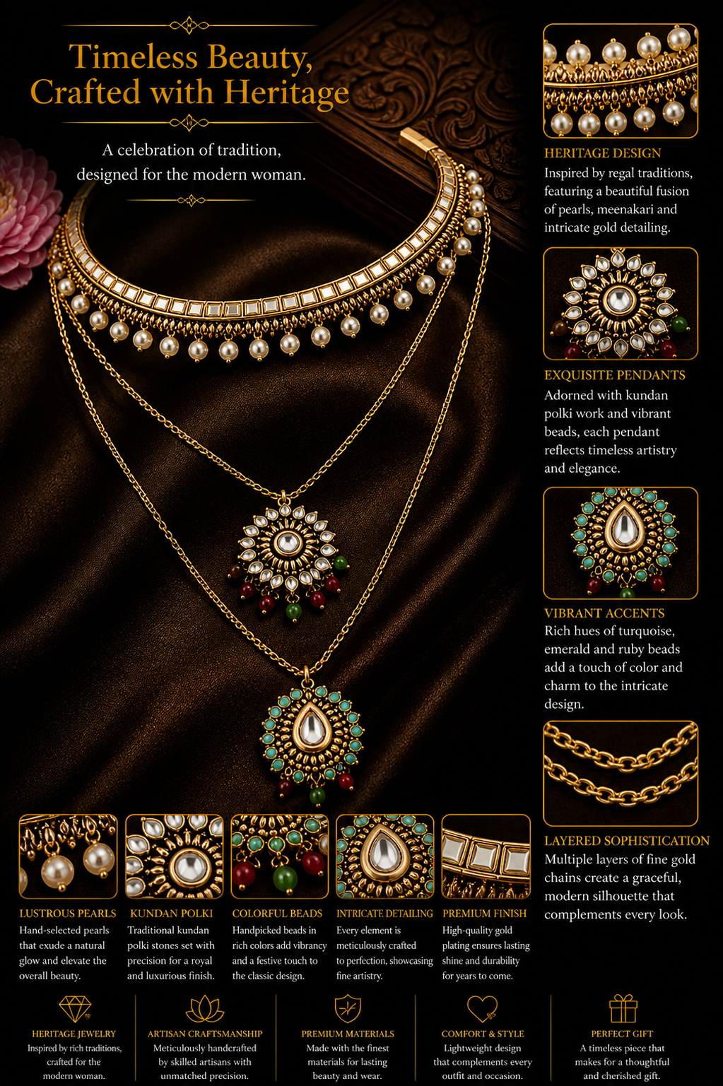Layered Kundan Pendant Necklace Set with Bead Accents