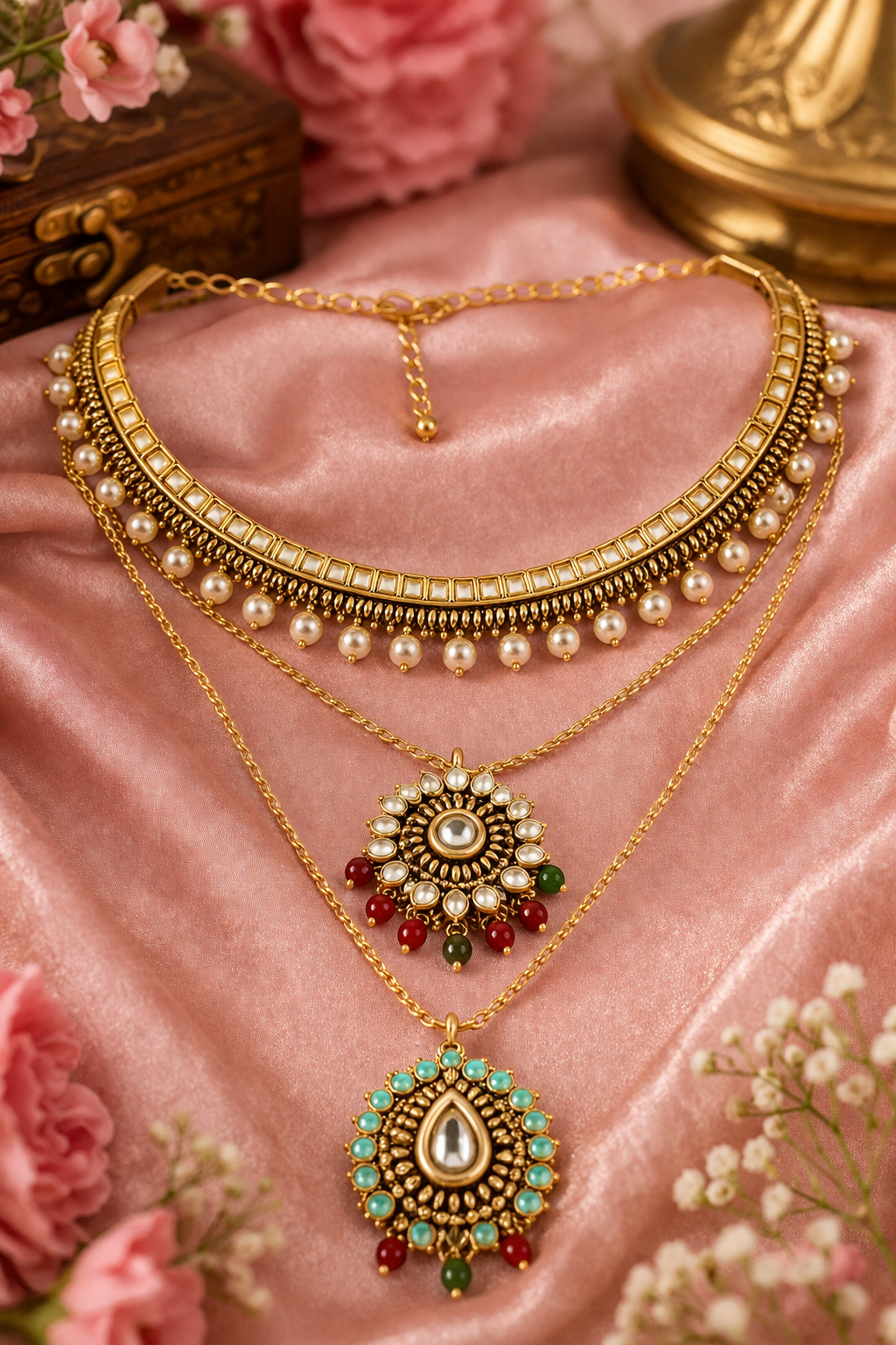 Layered Kundan Pendant Necklace Set with Bead Accents