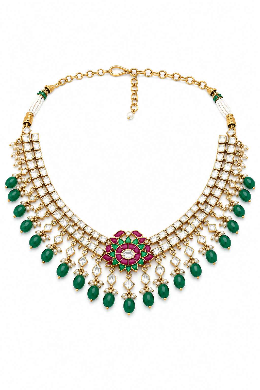 Royal Kundan Polki Necklace Set – Heritage Floral Bridal Jewelry with Emerald Beads