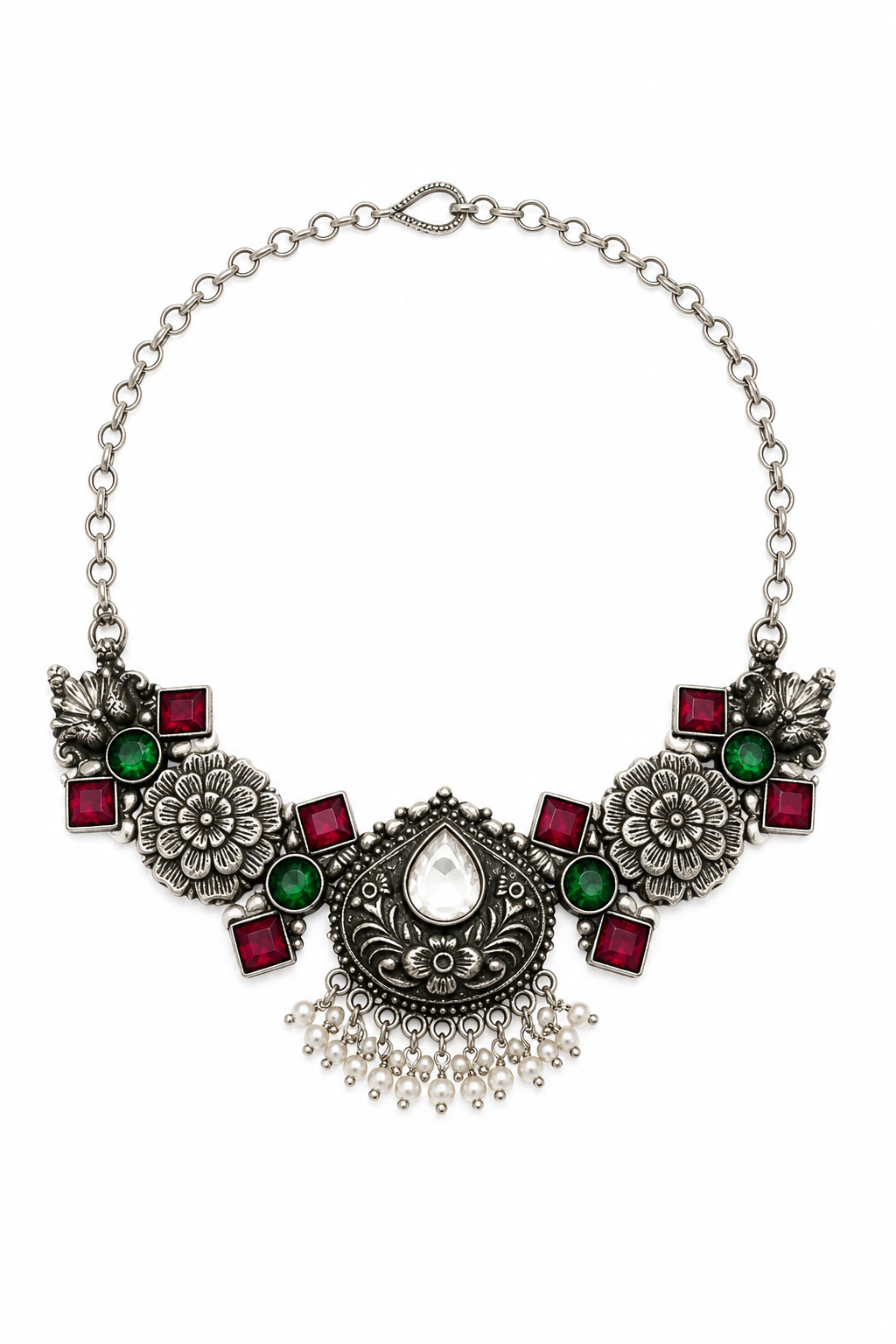 Oxidised Floral Statement Necklace Set with Ruby & Emerald Stones