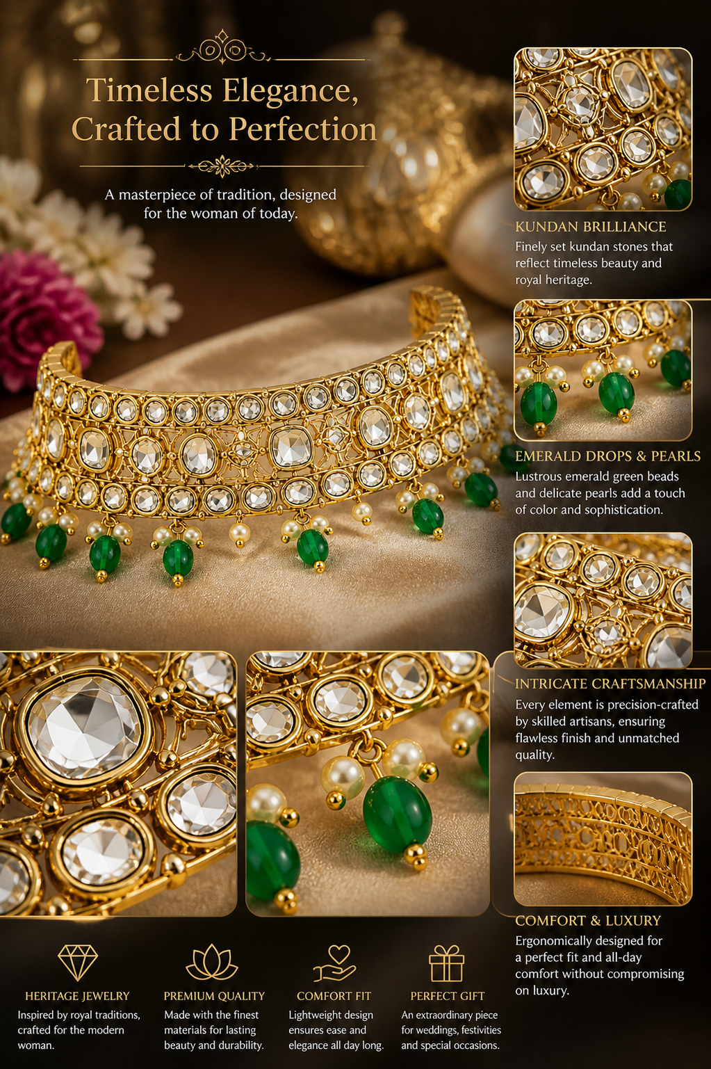 Traditional Kundan Necklace Set with Pearl & Green Bead Jhumka Earrings
