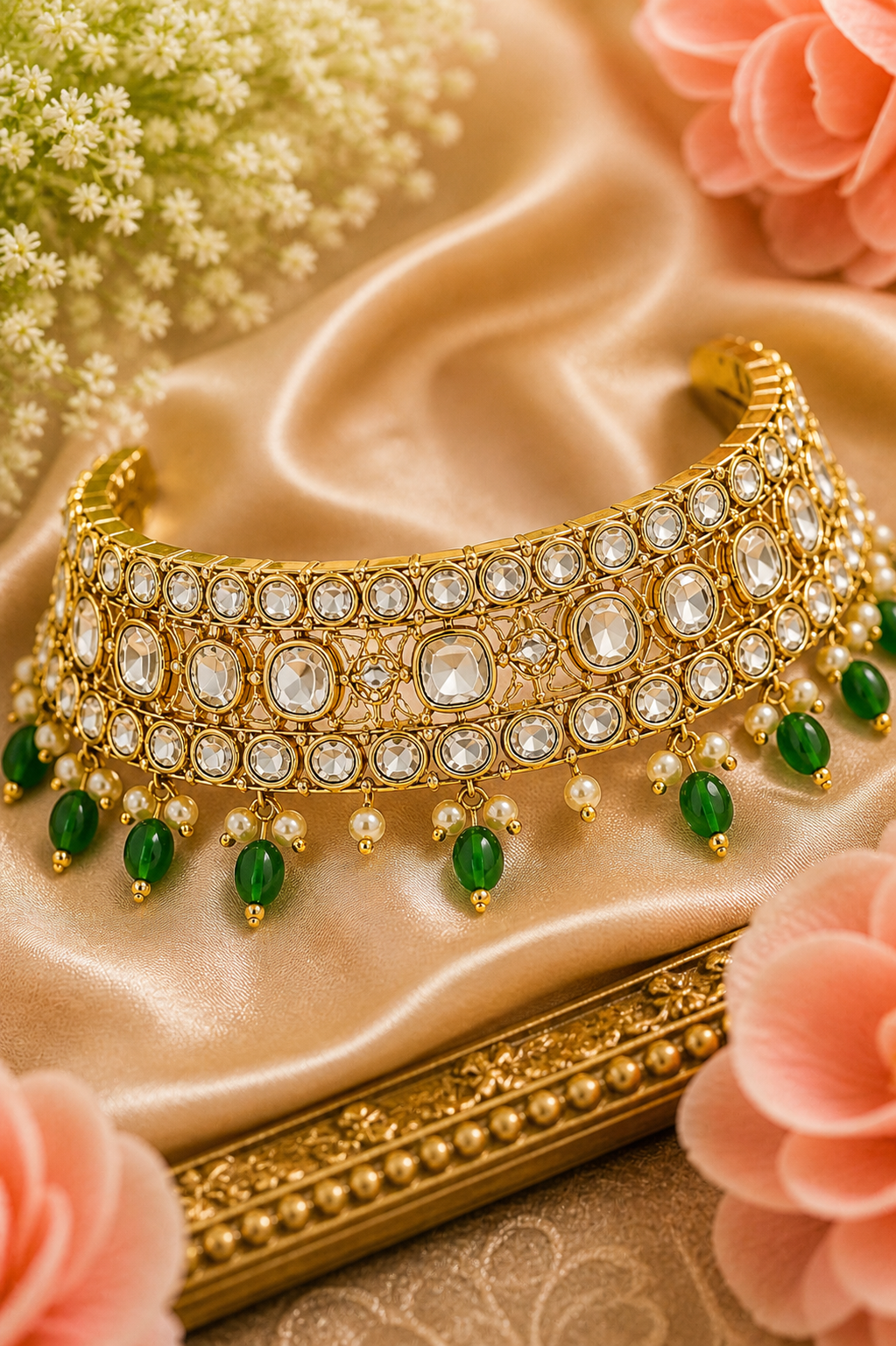 Traditional Kundan Necklace Set with Pearl & Green Bead Jhumka Earrings