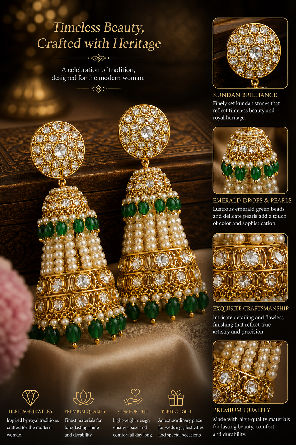 Traditional Kundan Necklace Set with Pearl & Green Bead Jhumka Earrings