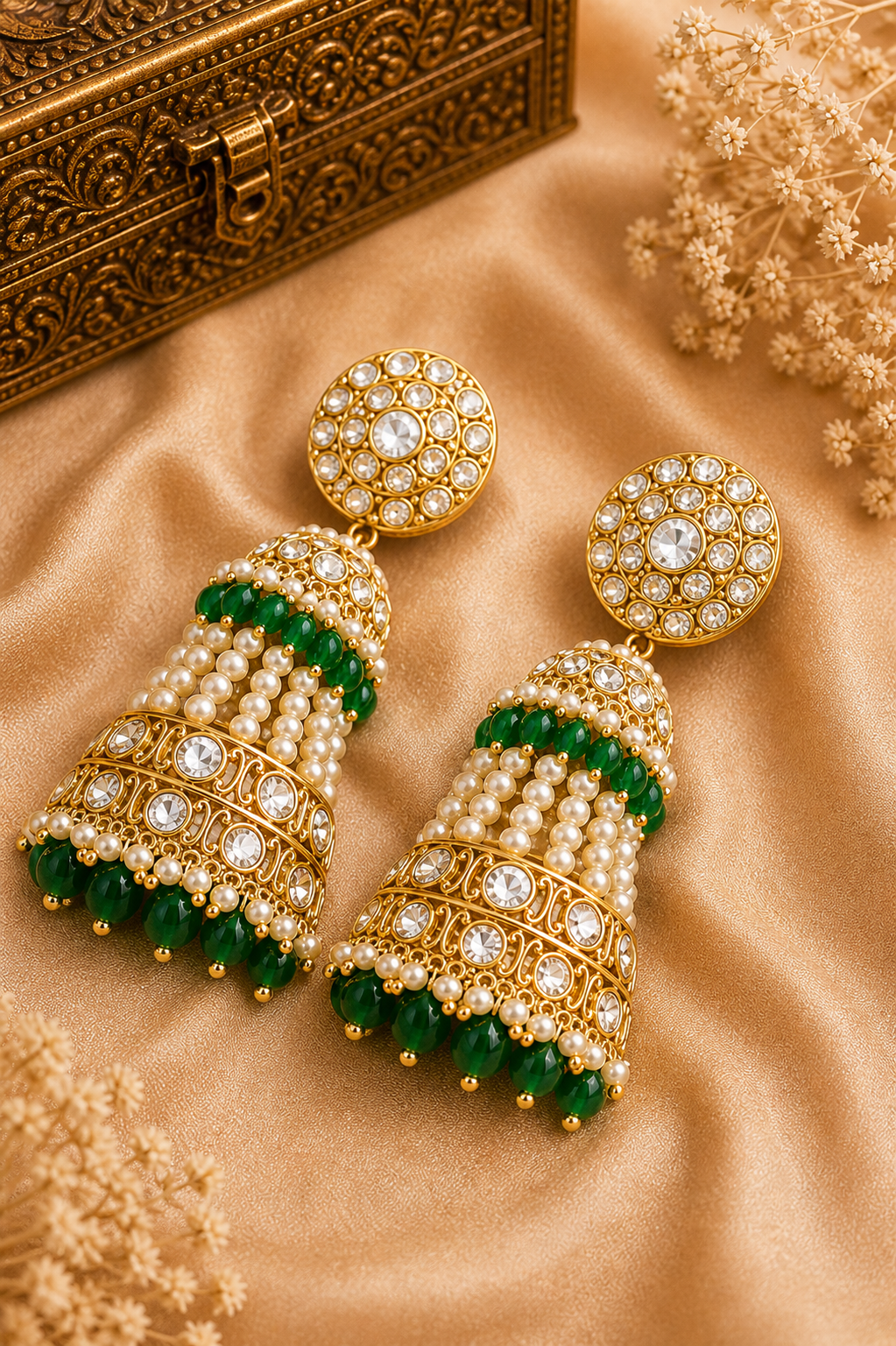 Traditional Kundan Necklace Set with Pearl & Green Bead Jhumka Earrings