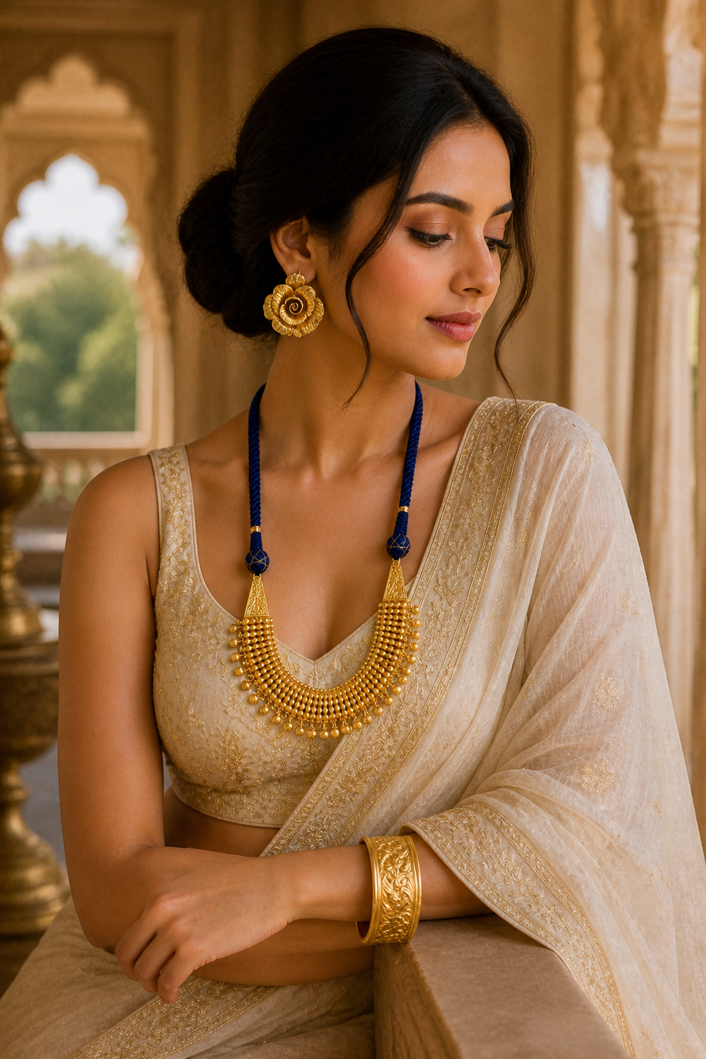 Royal Blue Dori Gold Necklace Set with Beaded Fringe & Floral Accents