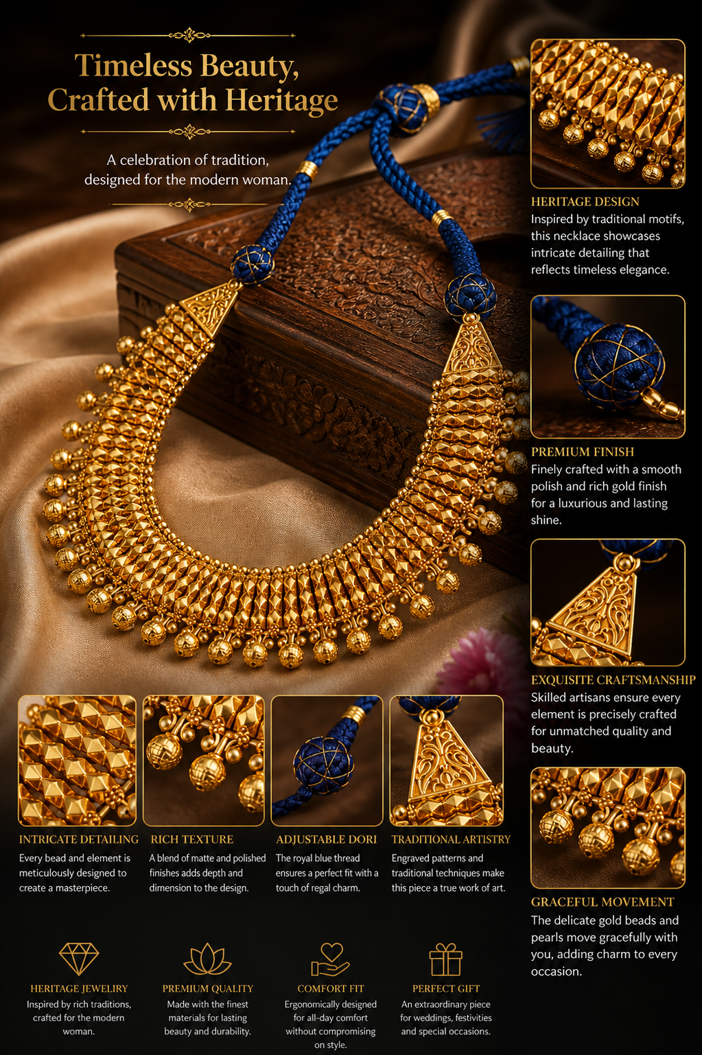 Royal Blue Dori Gold Necklace Set with Beaded Fringe & Floral Accents