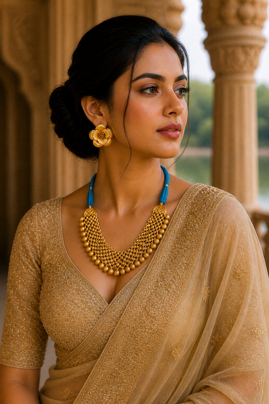 Traditional Gold Tone Necklace Set with Blue Dori & Floral Statement Earrings