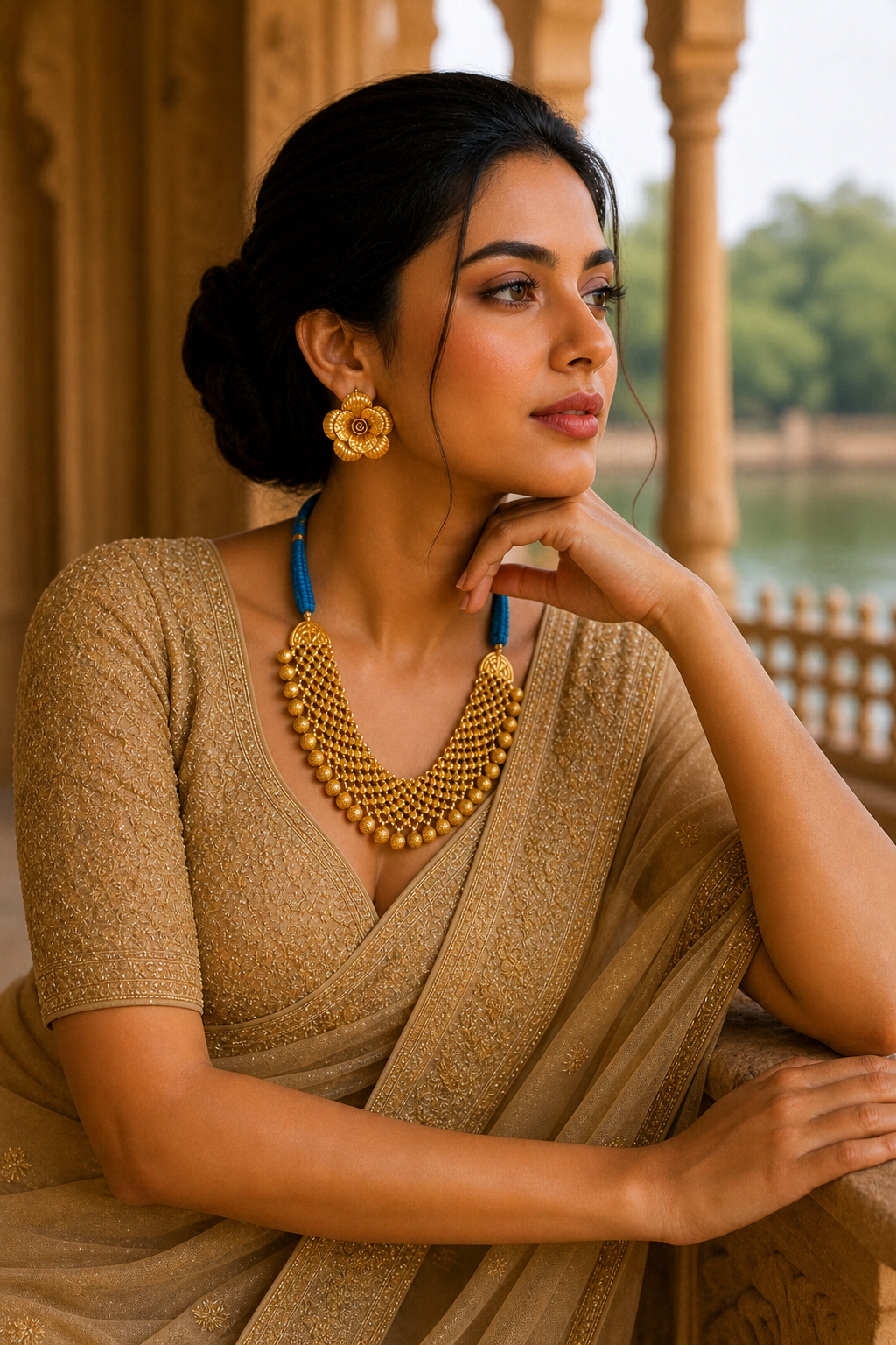 Traditional Gold Tone Necklace Set with Blue Dori & Floral Statement Earrings