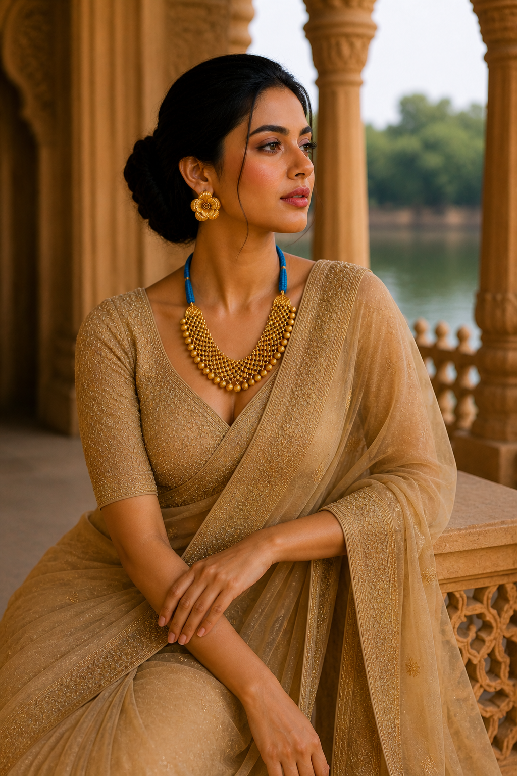 Traditional Gold Tone Necklace Set with Blue Dori & Floral Statement Earrings