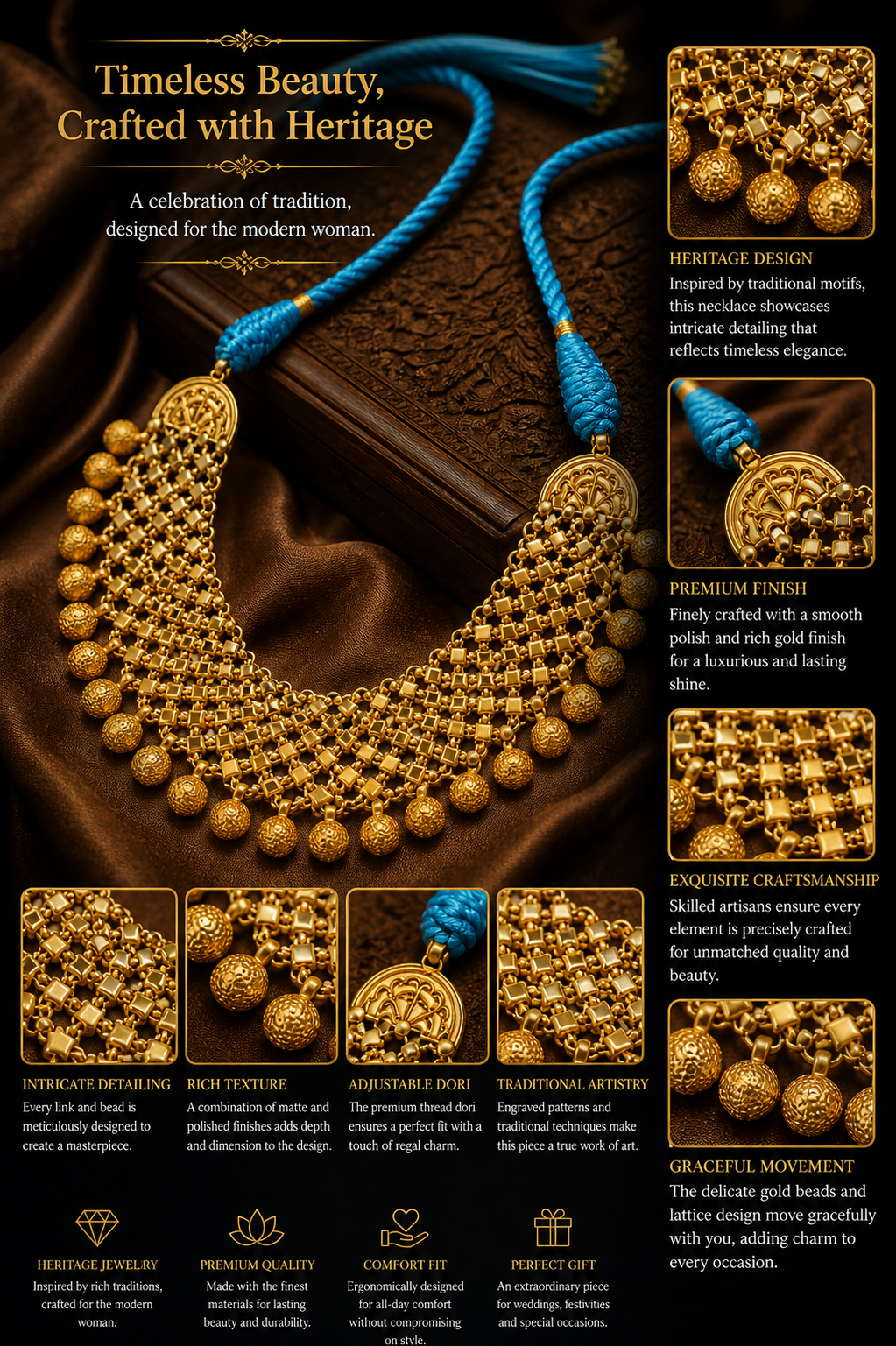 Traditional Gold Tone Necklace Set with Blue Dori & Floral Statement Earrings