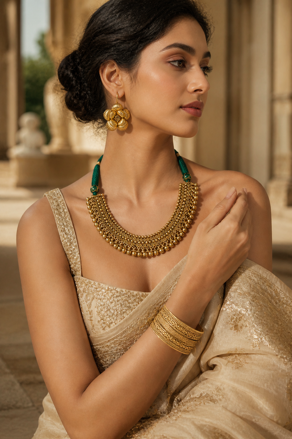 Emerald Dori Gold Necklace Set with Layered Beadwork & Floral Statement Earrings