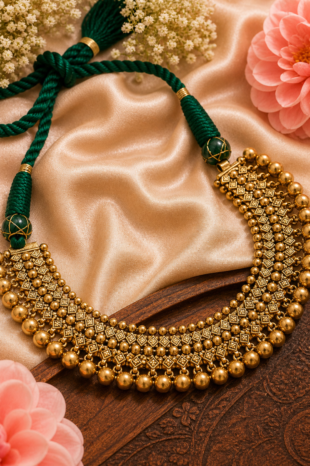 Emerald Dori Gold Necklace Set with Layered Beadwork & Floral Statement Earrings