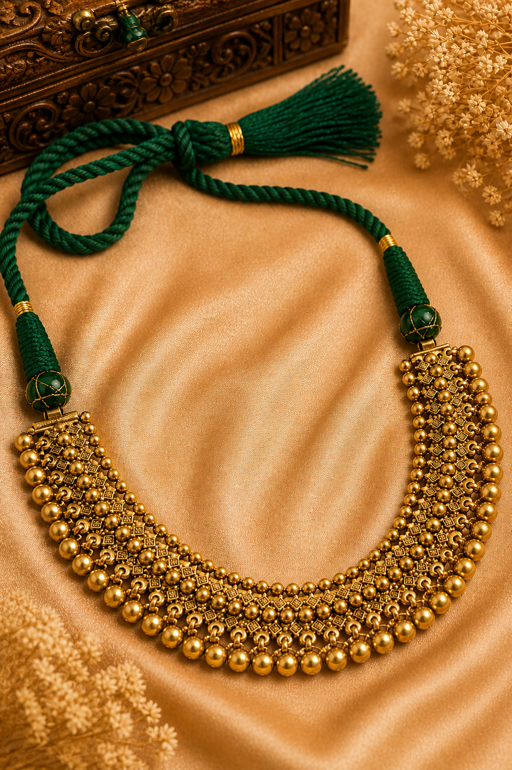 Emerald Dori Gold Necklace Set with Layered Beadwork & Floral Statement Earrings