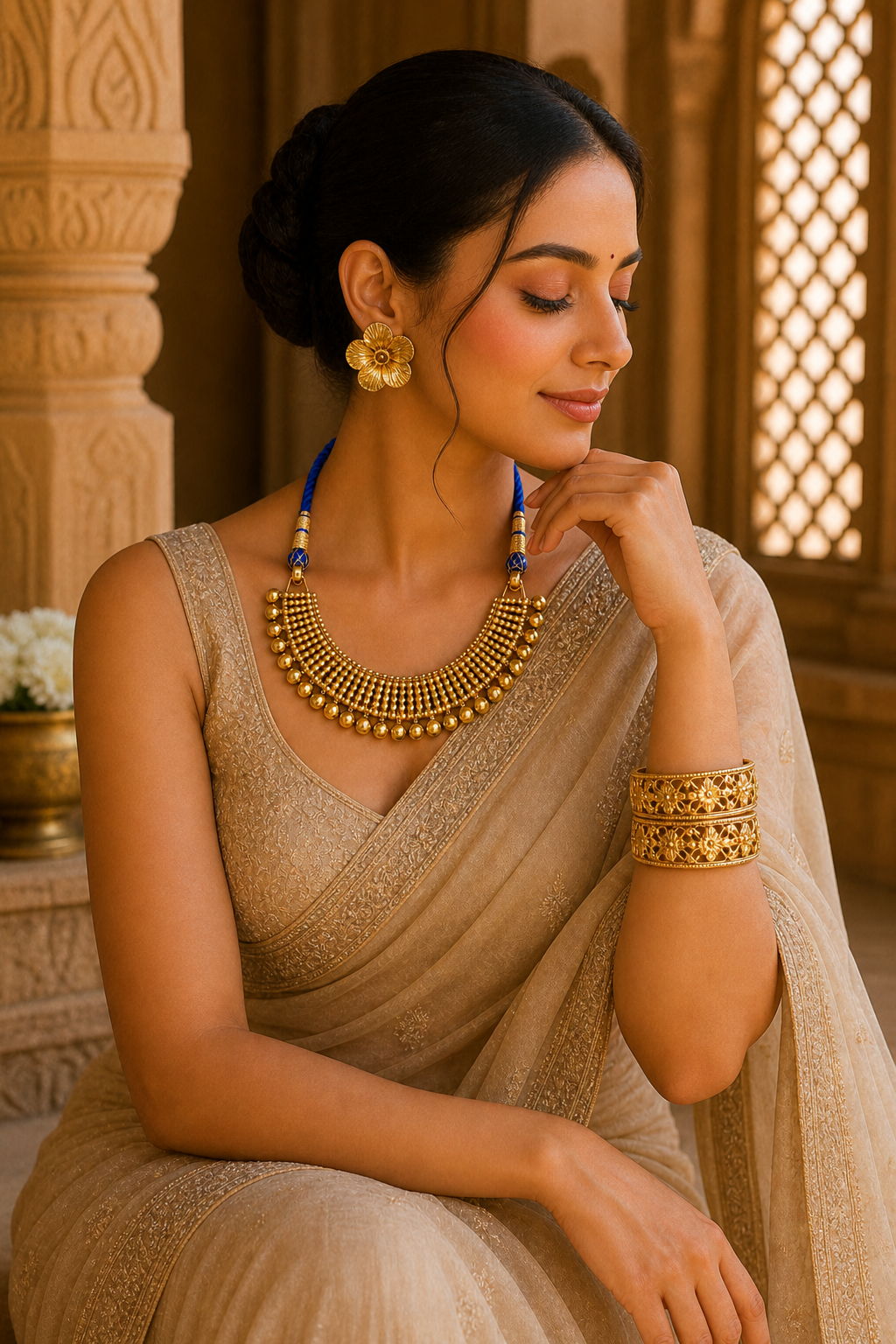 Royal Blue Dori Necklace Set with Openwork Gold Bangles & Floral Earrings