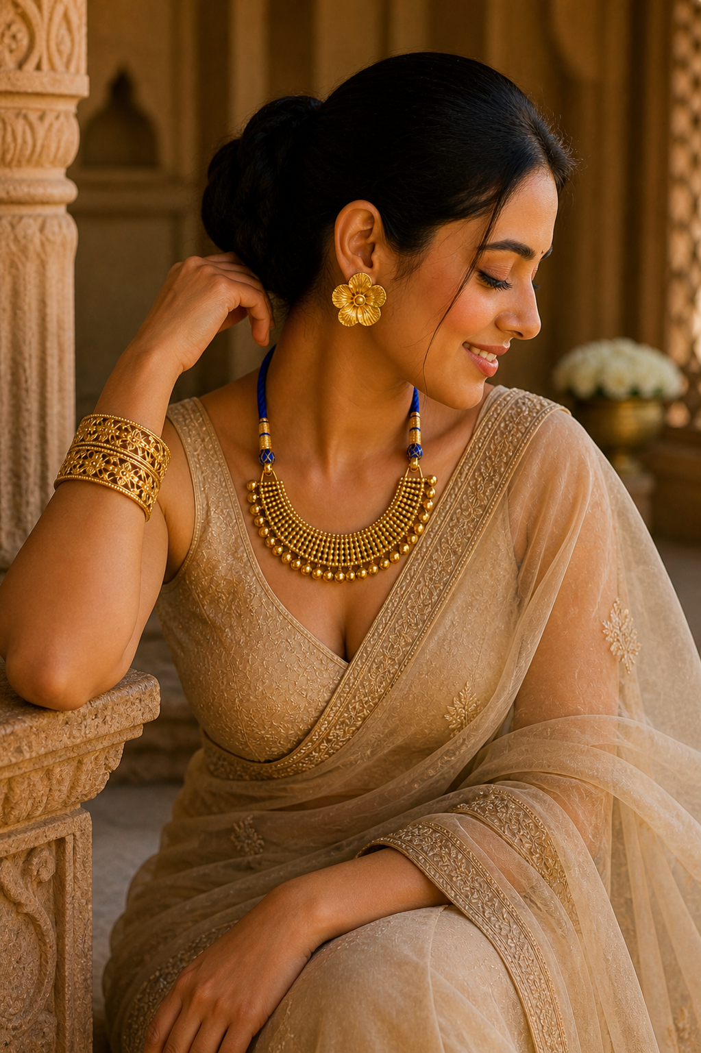Royal Blue Dori Necklace Set with Openwork Gold Bangles & Floral Earrings