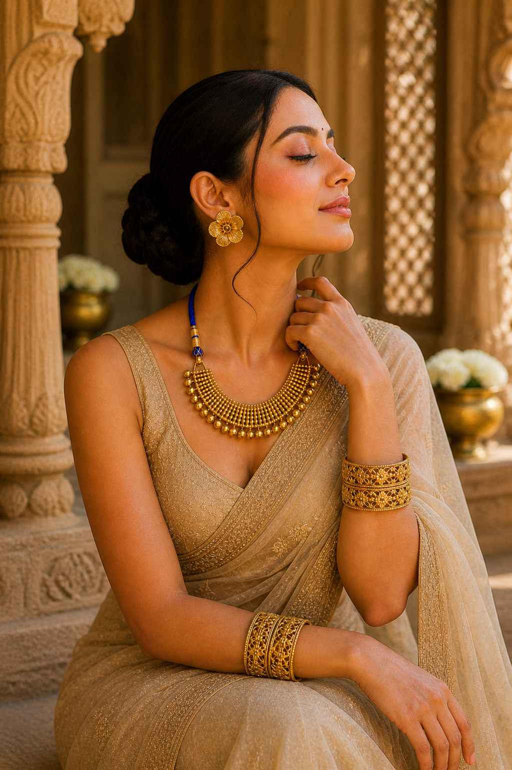 Royal Blue Dori Necklace Set with Openwork Gold Bangles & Floral Earrings