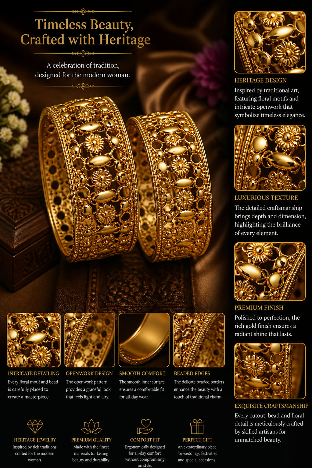 Royal Blue Dori Necklace Set with Openwork Gold Bangles & Floral Earrings
