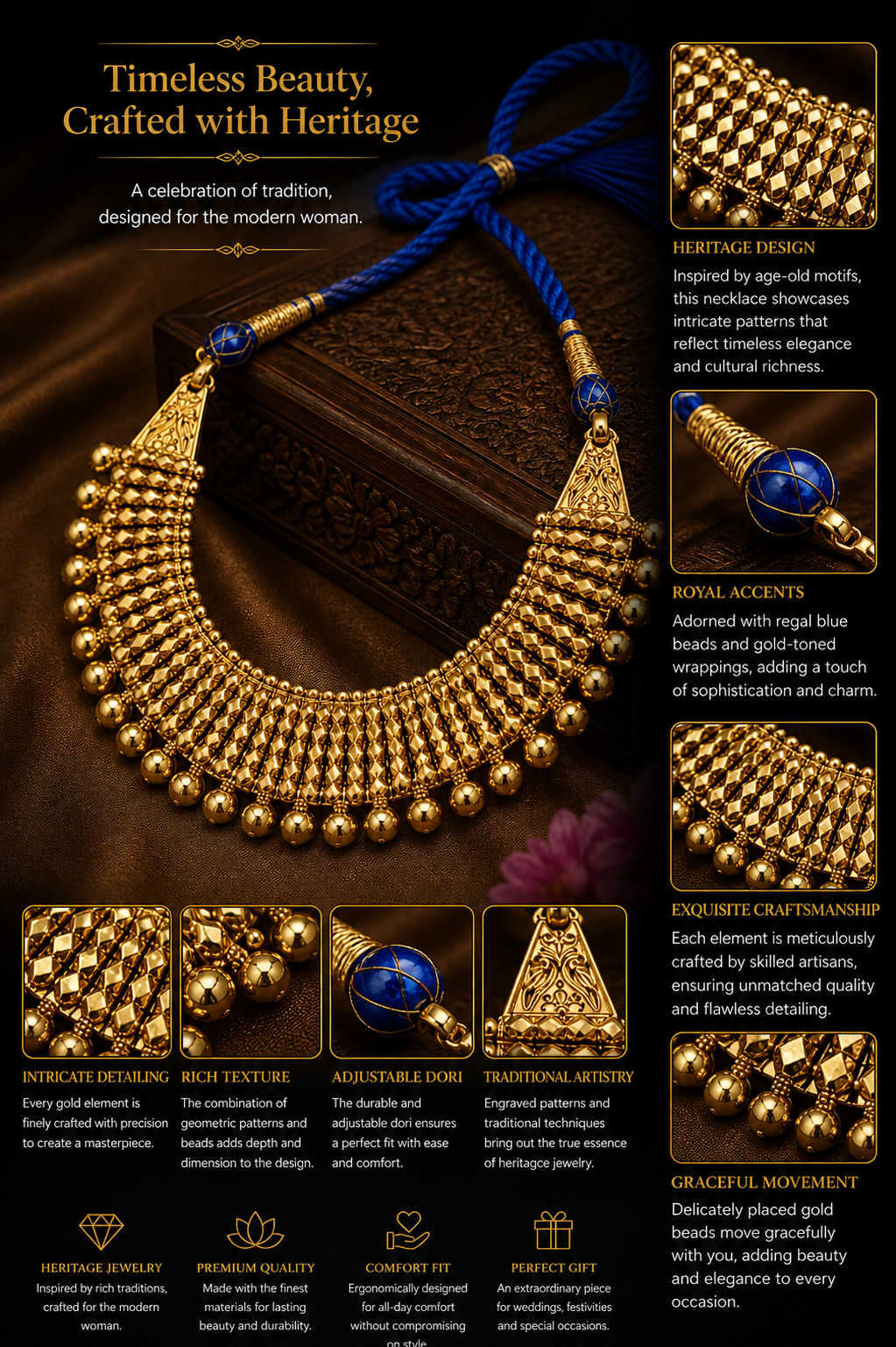 Royal Blue Dori Necklace Set with Openwork Gold Bangles & Floral Earrings