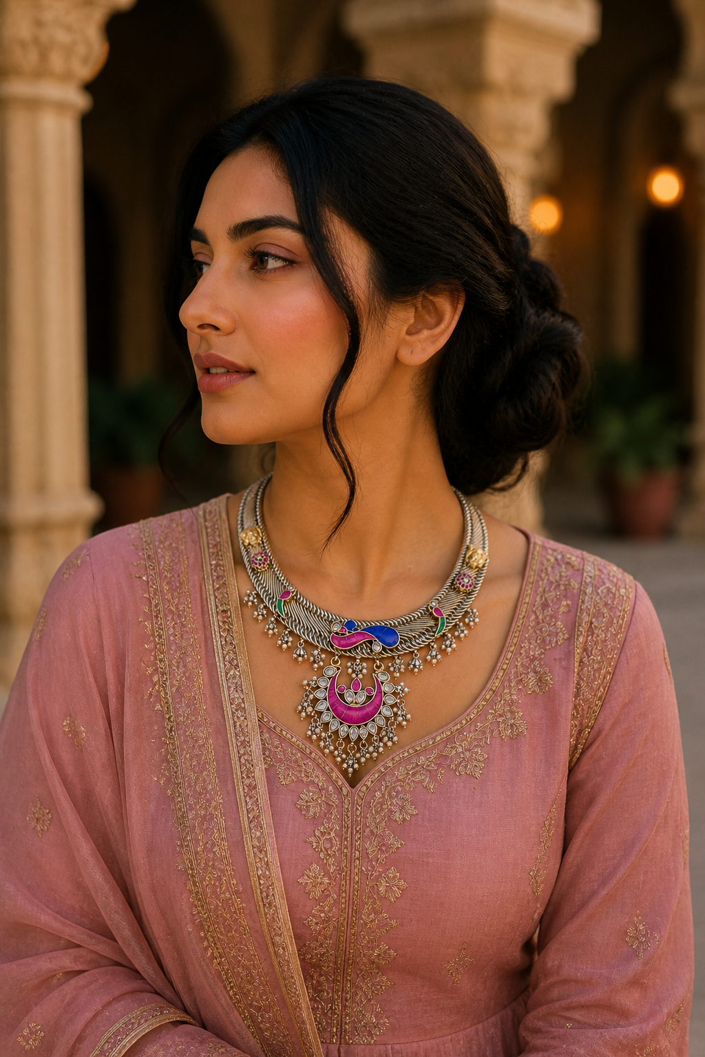 Oxidised Silver Kundan Necklace Set with Enamel Work & Pearl Dangling Pendant