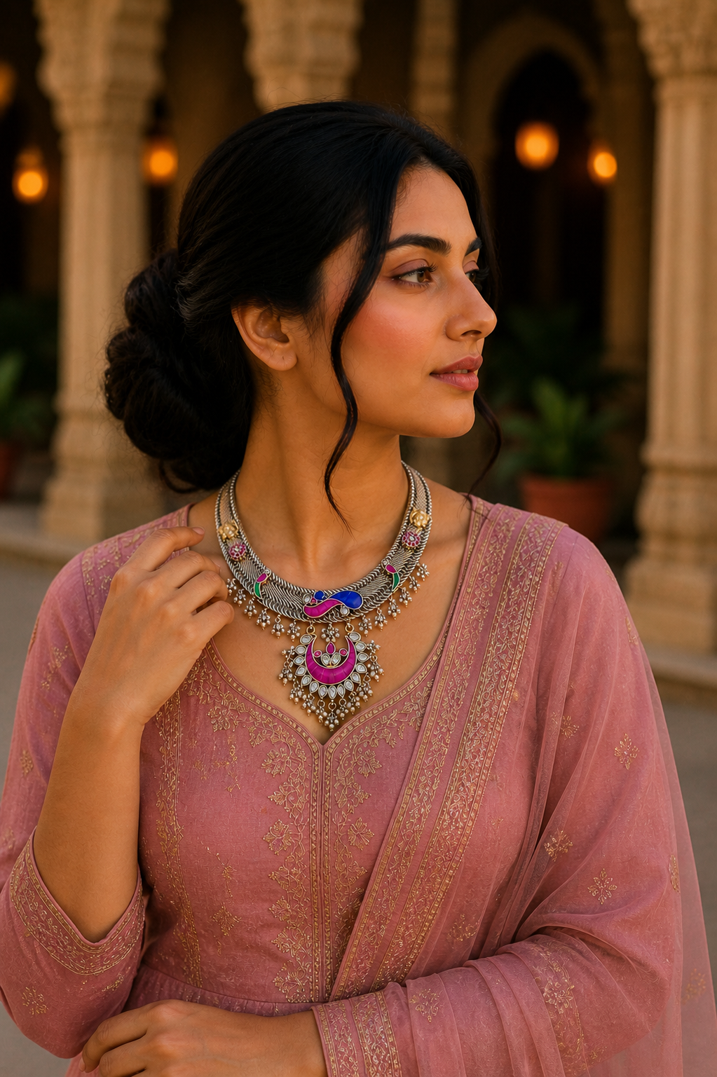 Oxidised Silver Kundan Necklace Set with Enamel Work & Pearl Dangling Pendant