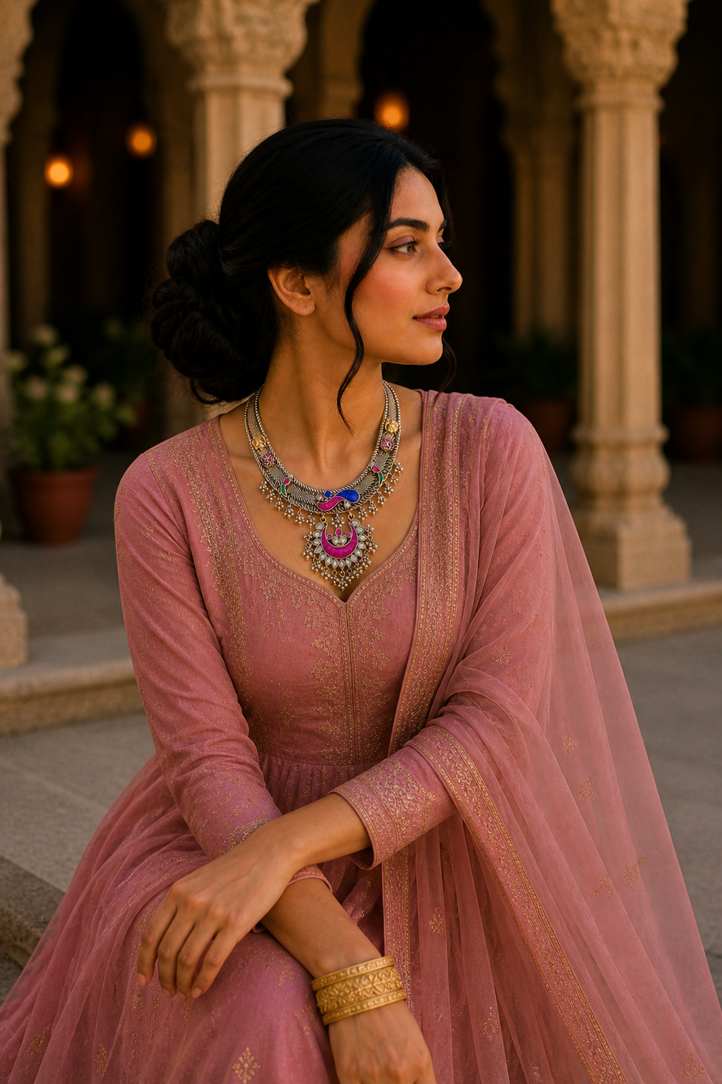 Oxidised Silver Kundan Necklace Set with Enamel Work & Pearl Dangling Pendant