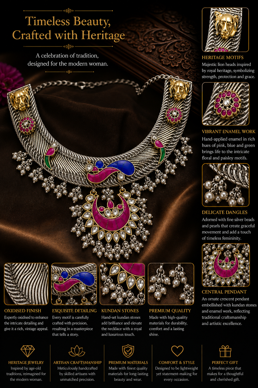 Oxidised Silver Kundan Necklace Set with Enamel Work & Pearl Dangling Pendant