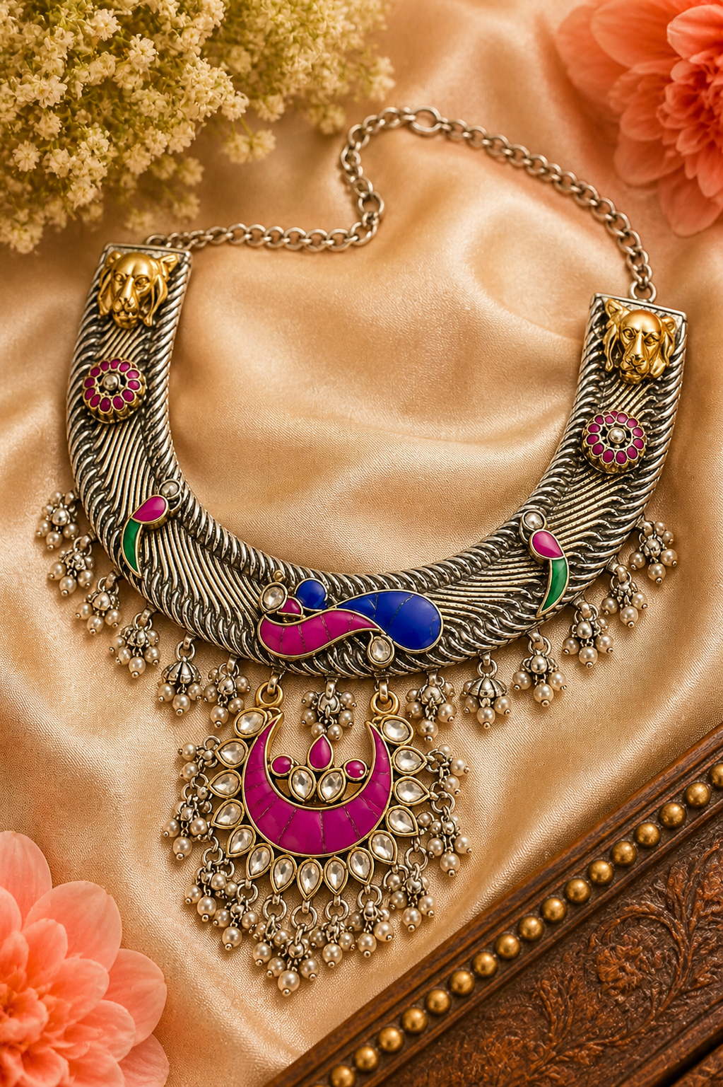 Oxidised Silver Kundan Necklace Set with Enamel Work & Pearl Dangling Pendant