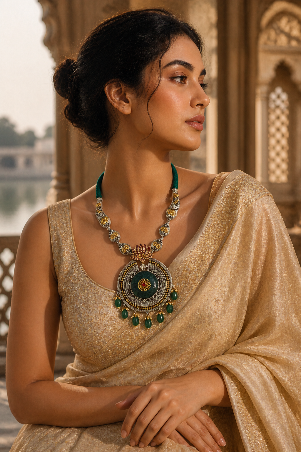 Antique Dual-Tone Lotus Pendant Necklace with Green Stone Drops