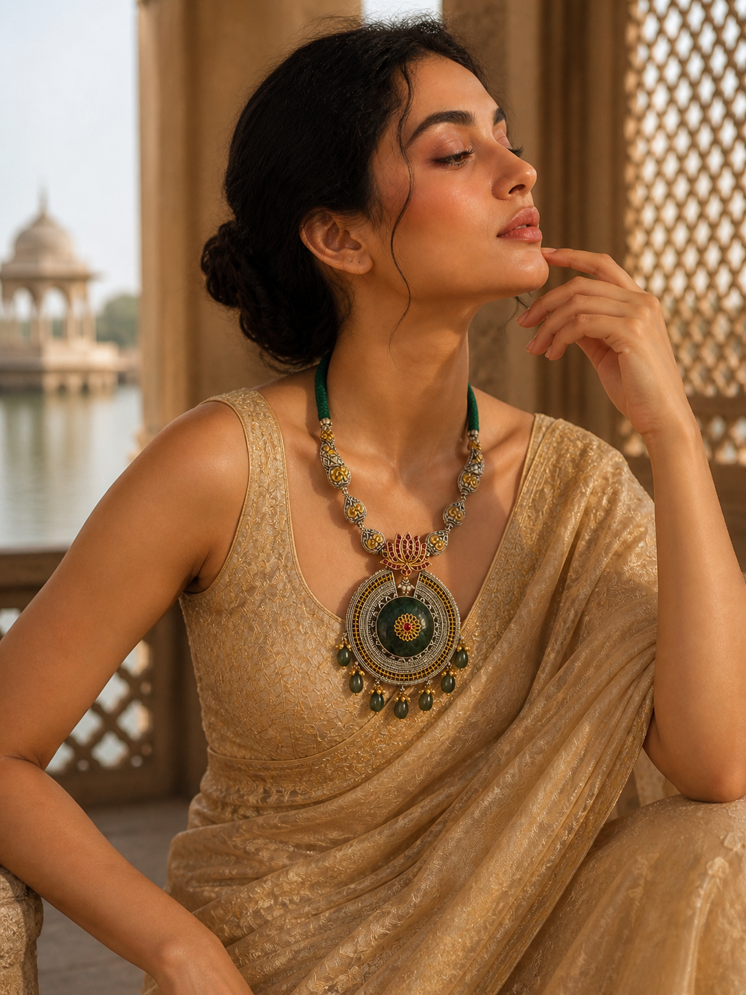 Antique Dual-Tone Lotus Pendant Necklace with Green Stone Drops