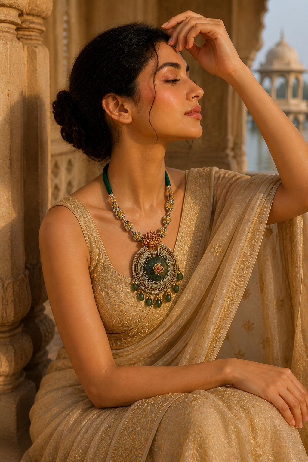 Antique Dual-Tone Lotus Pendant Necklace with Green Stone Drops