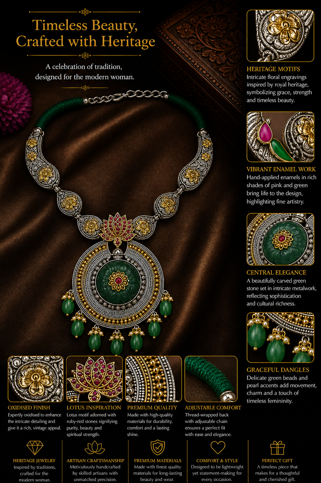 Antique Dual-Tone Lotus Pendant Necklace with Green Stone Drops
