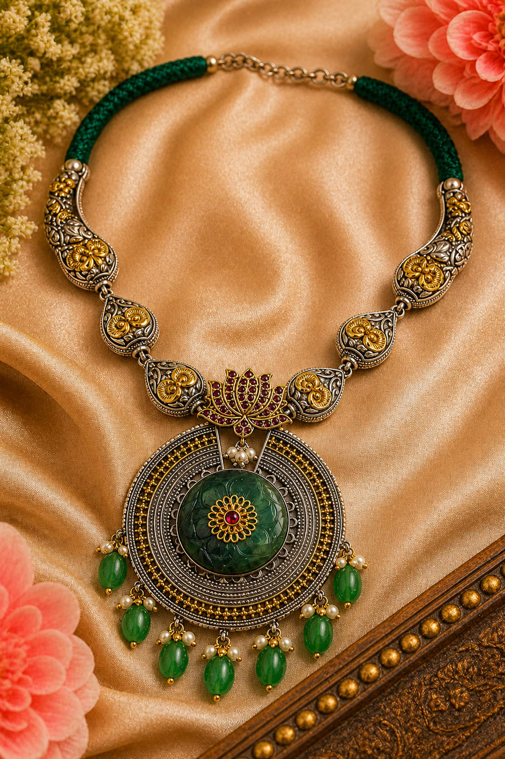 Antique Dual-Tone Lotus Pendant Necklace with Green Stone Drops