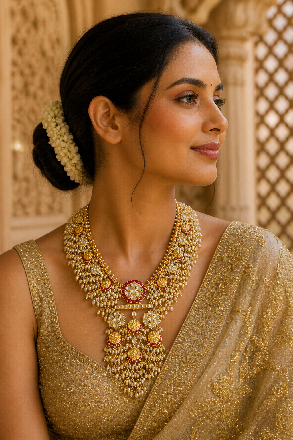 Lakshmi Pearl Cascade Haaram – Temple Gold Necklace with Kundan, Ruby & Pearl Tassels